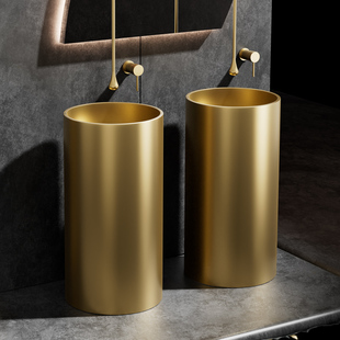 不锈钢立柱盆落地式一体洗脸台盆酒吧卫生间圆形立柱式洗手盆金色