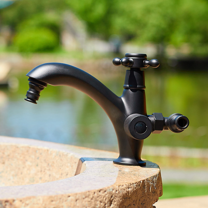 黑色全铜单冷户外庭院水龙头防冻裂室外花园阳台洗手盆浇花大理石