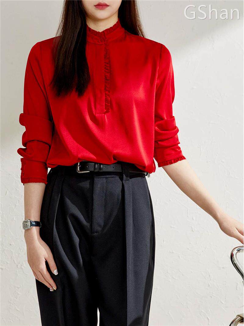 戎美【亲民版】真丝弹力双乔缎 柜同~23早春纽扣褶边领通勤衬衫