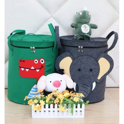 Felt Toy Storage Bucket with Lid Cartoon Animal Large Portab