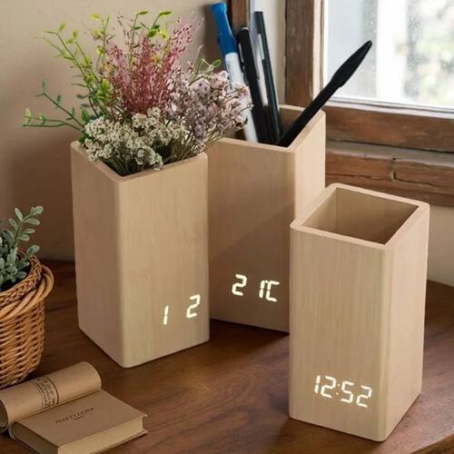 Nordic Style Wooden Pen Holder LED Clock Digital Desktop Ala