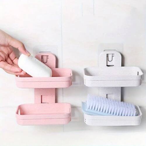 1 Set of Beige+pink Double-layer Soap Holder, No Punching, S