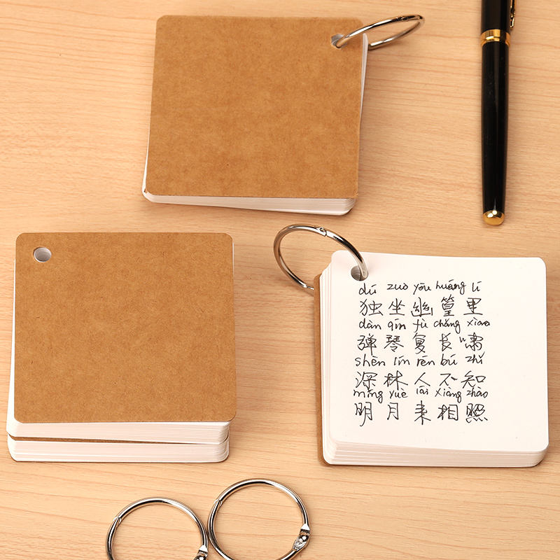 空白卡片卡纸正方形英文单词生字卡活页卡扣留言幼儿园写字自制识字白色手绘纸卡拼音一年级