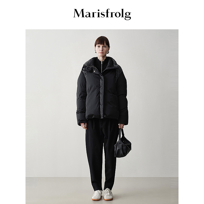 【意大利进口面料】玛丝菲尔冬季新款黑色拼接立领收腰短款羽绒服