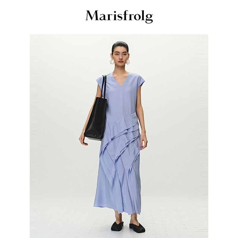 【桑蚕丝100%】Marisfrolg玛丝菲尔时尚V领荷叶边蓝色连衣裙女