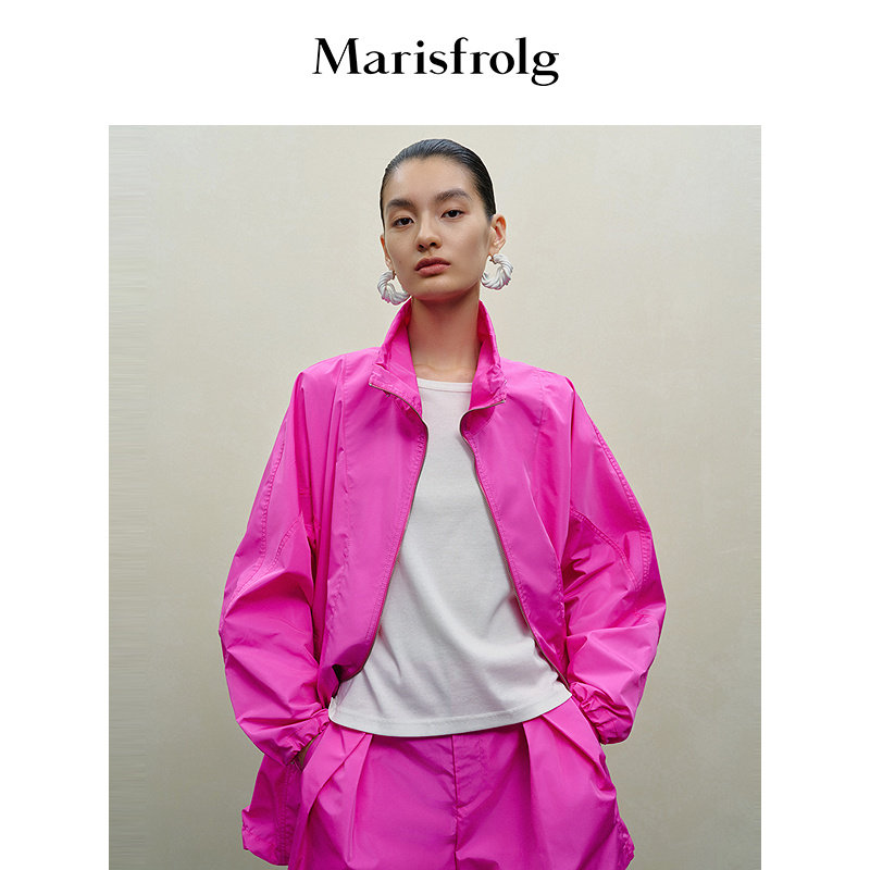 Marisfrolg玛丝菲尔秋季立领宽松休闲衬衫夹克玫红外套短款风衣