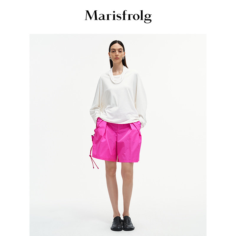 【减龄百搭】Marisfrolg玛丝菲尔秋季休闲玫红色A字阔腿压褶短裤