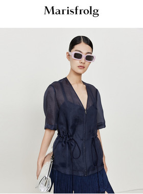 玛丝菲尔夏季新款收腰时尚深蓝色轻薄欧根纱透视短袖外套女