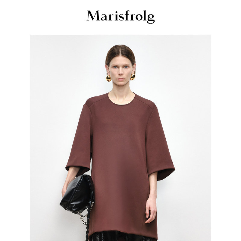 Marisfrolg玛丝菲尔秋季新款咖色T恤宽松空气感针织连衣裙女