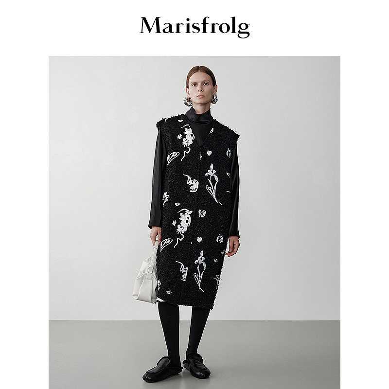 Marisfrolg玛丝菲尔冬季新款优雅时尚V领香风背心刺绣花稿连衣裙