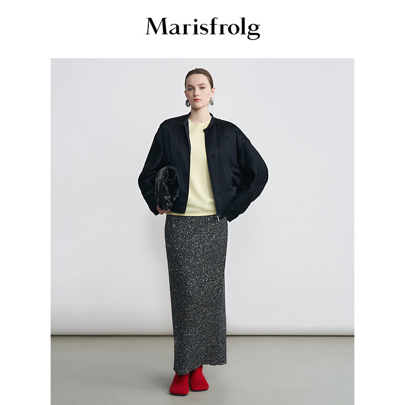 Marisfrolg玛丝菲尔秋季新款蝙蝠袖宽松暗纹提花短款棉衣女