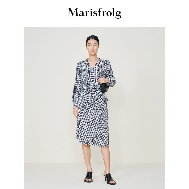 【逐光之旅】玛丝菲尔秋季千鸟格围裹式收腰绑带连衣裙女