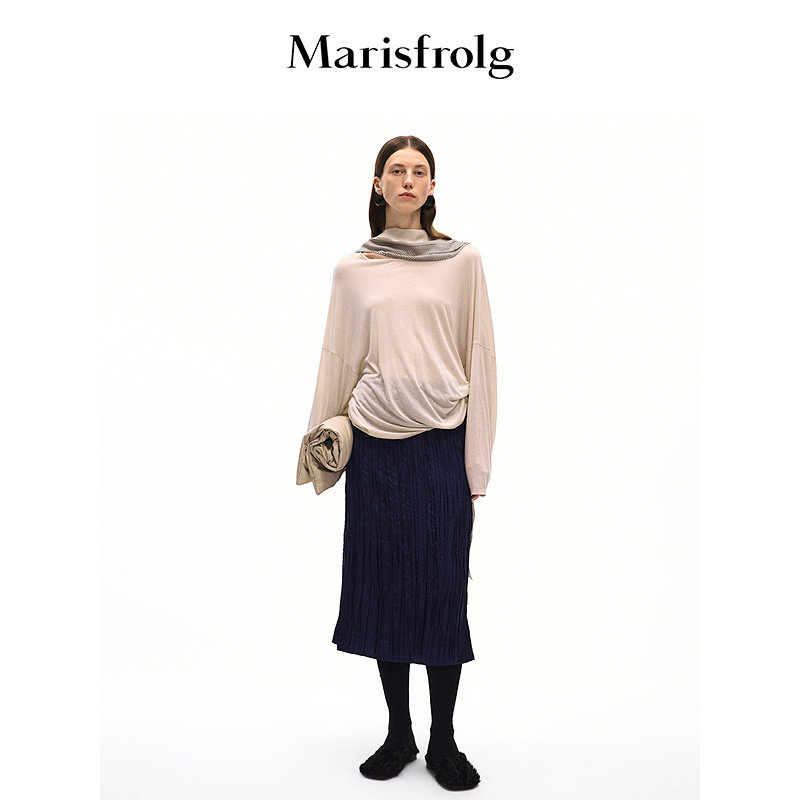 【桑蚕丝100%】Marisfrolg玛丝菲尔秋季新款藏蓝色褶皱中裙半身裙