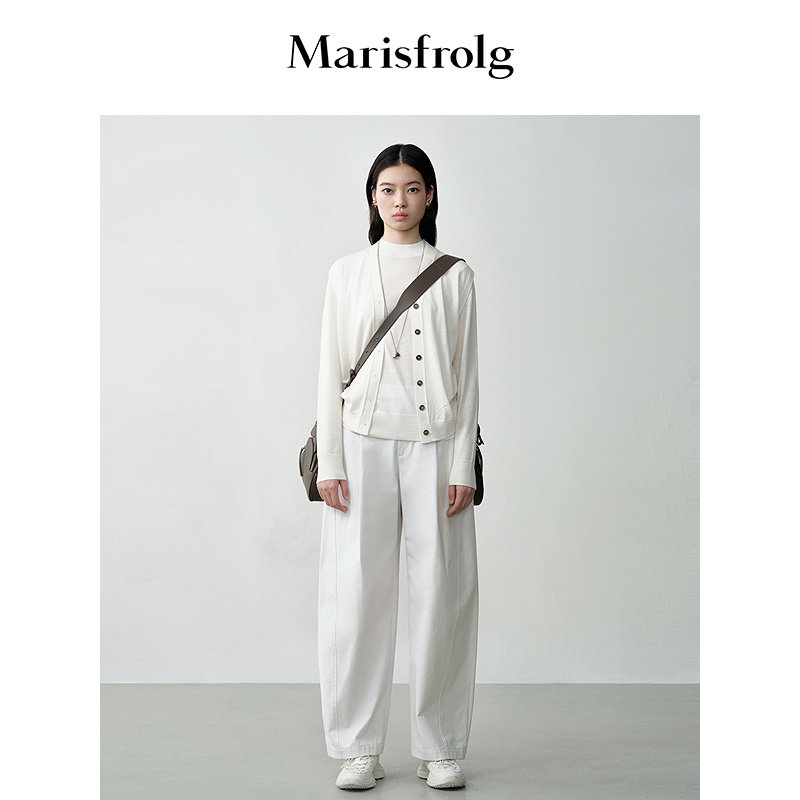 【香蕉松弛感】Marisfrolg玛丝菲尔秋季纯棉白色直筒西装长裤子女图片