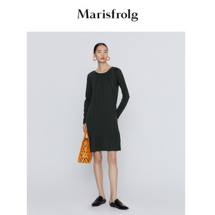圆领墨绿色长袖 新款 玛丝菲尔春季 连衣裙荷叶边设计 100羊毛