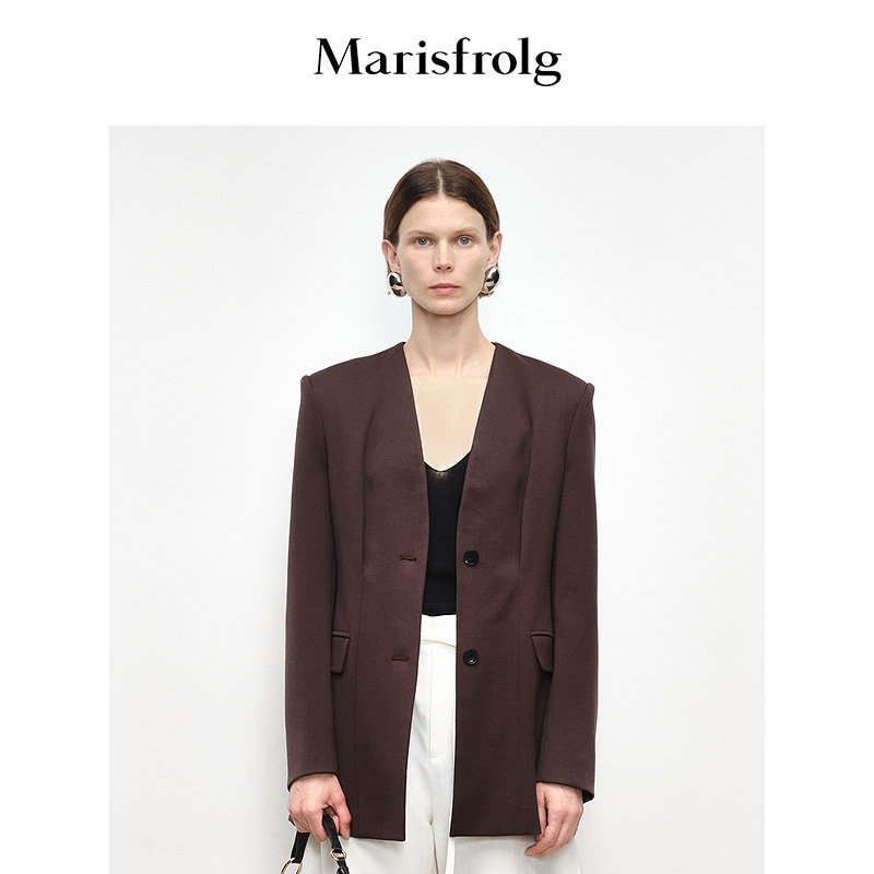 Marisfrolg玛丝菲尔秋季新款简约咖色羊毛修身V领西装外套女