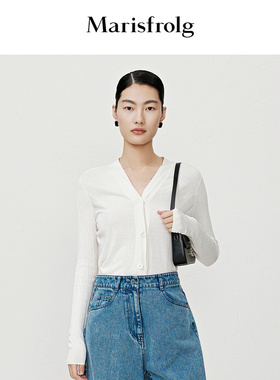 【真丝轻工艺】玛丝菲尔毛衣秋季新款桑蚕丝白色V领针织开衫女