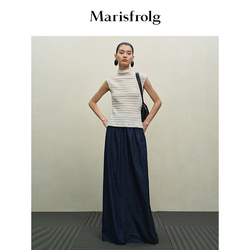 Marisfrolg玛丝菲尔秋季新款时尚修身半高领无袖压褶T恤上衣女士