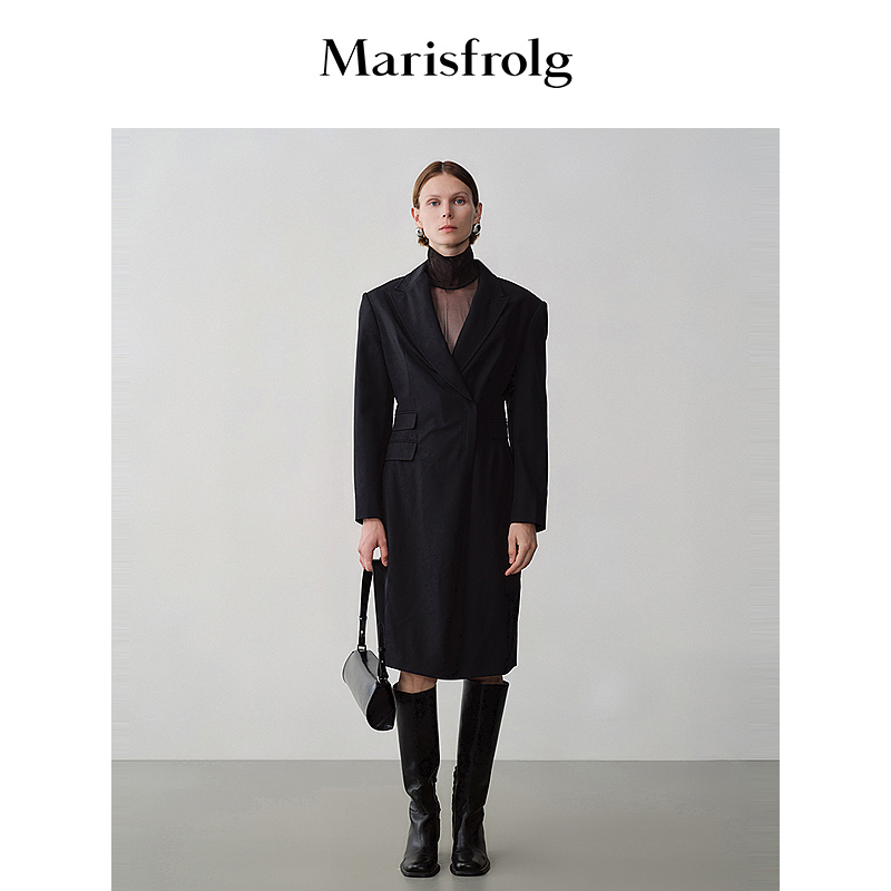 【会员价852元】玛丝菲尔连衣裙秋冬新款V领黑色中长款西装裙子