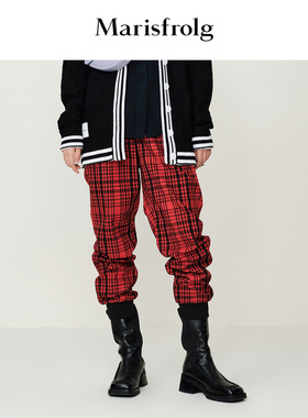 【商场同款】玛丝菲尔秋季红色格纹时尚设计感哈伦裤