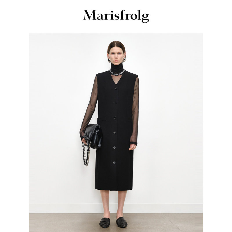 Marisfrolg玛丝菲尔秋季新款优雅时尚简约无袖H型V领背心连衣裙女图片