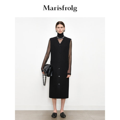 Marisfrolg玛丝菲尔秋季新款优雅时尚简约无袖H型V领背心连衣裙女