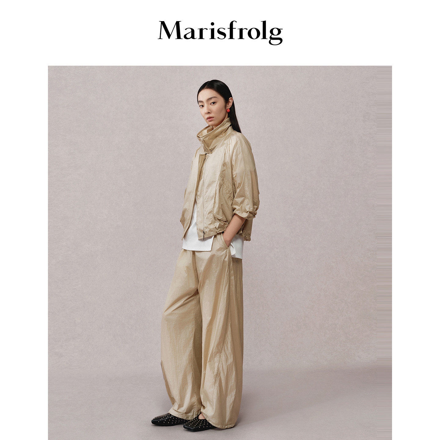Marisfrolg玛丝菲尔秋季新款休闲浅卡时尚宽松松紧腰阔腿裤子潮流