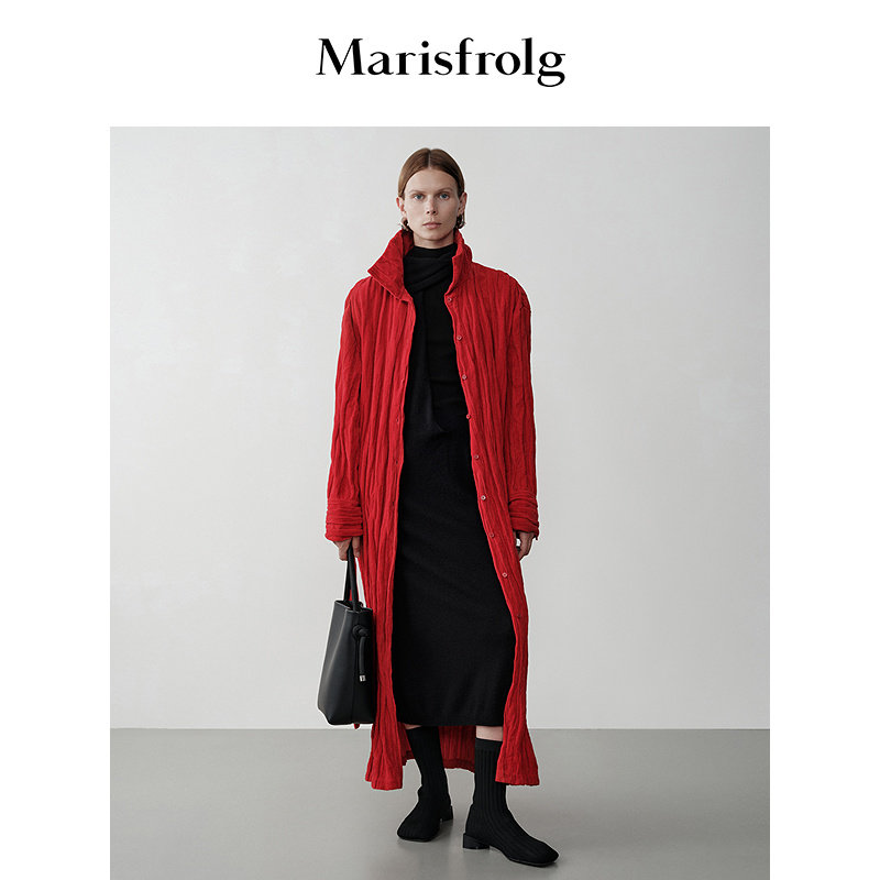 Marisfrolg玛丝菲尔冬季新款大红长款宽松棉外套长裙褶皱连衣裙女