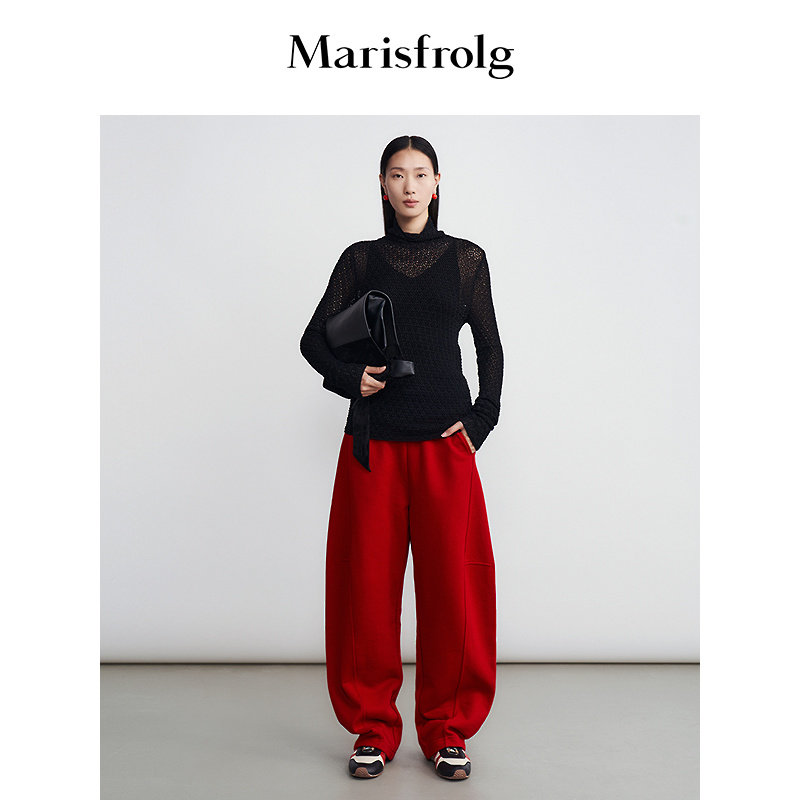 【分割 蛋型裤】Marisfrolg玛丝菲尔冬季纯棉大红宽松休闲锥形裤