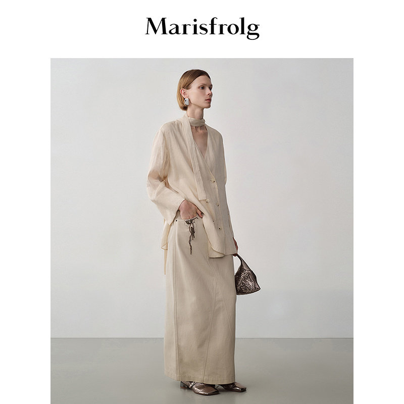 Marisfrolg玛丝菲尔秋季新款浅卡中长款纯棉刺绣牛仔直筒半身裙女