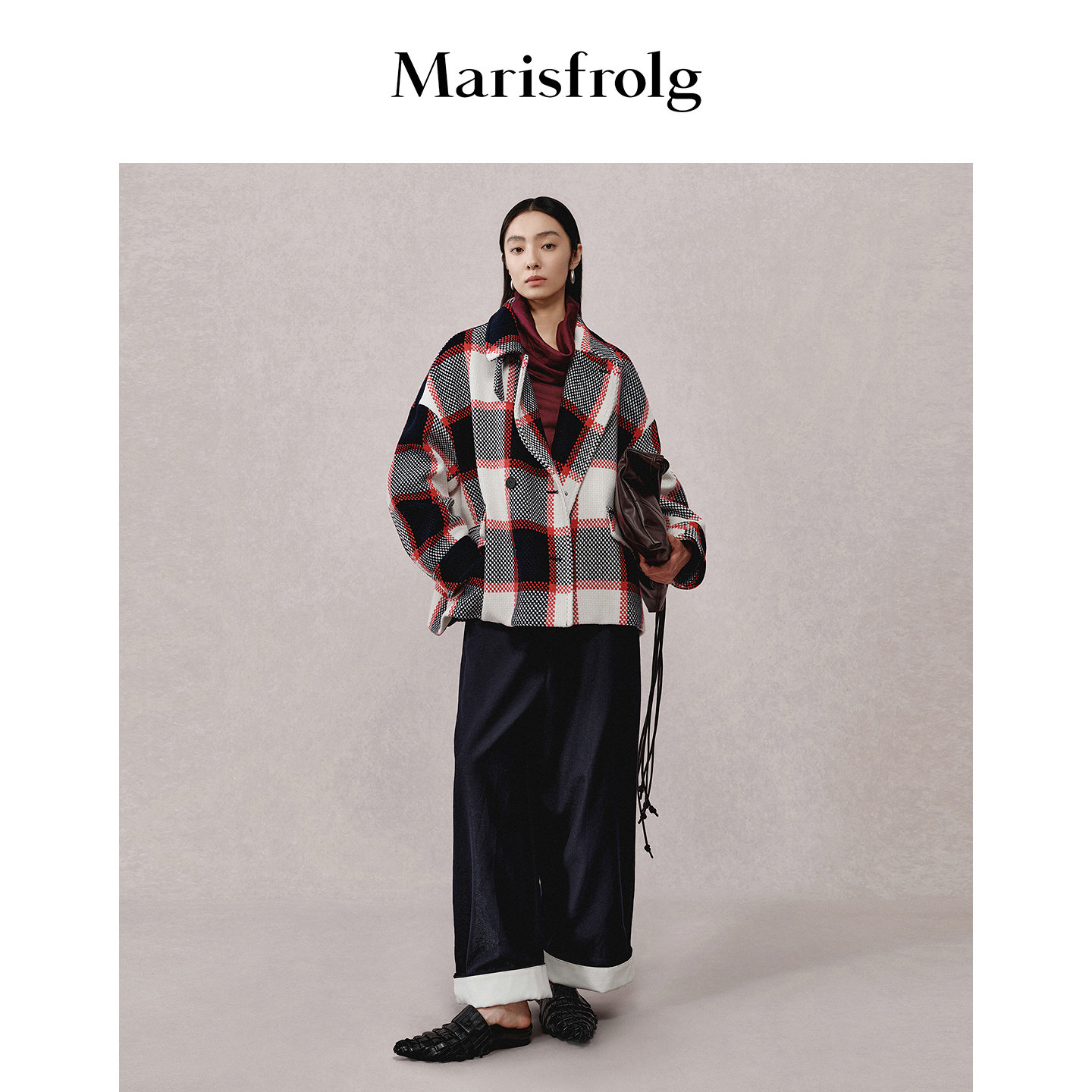 Marisfrolg玛丝菲尔冬季新款休闲时尚复古翻领格子双排扣外套女款