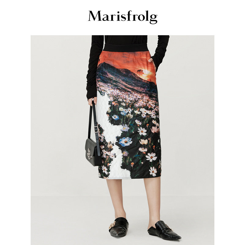 【会员秒杀】Marisfrolg玛丝菲尔春秋时尚国风艺术花稿半身裙女士