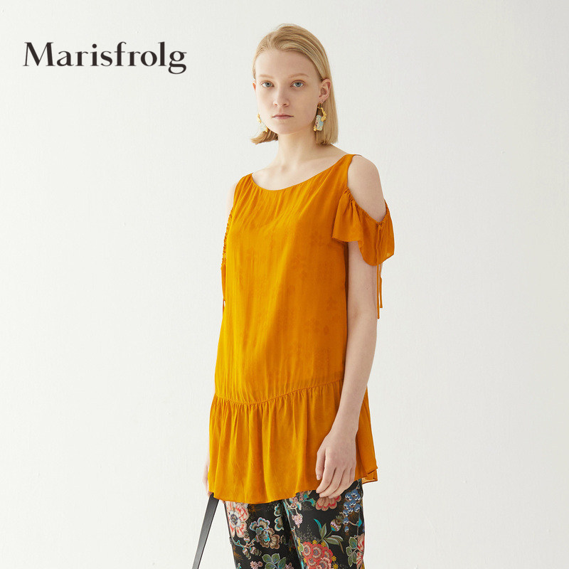 Marisfrolg/玛丝菲尔夏季新款女装漏肩黄色中长款T恤上衣