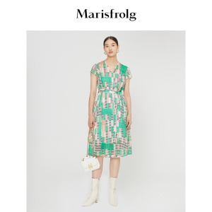 【商场同款】Marisfrolg玛丝菲尔夏季新款气质V领系带收腰连衣裙