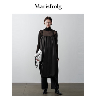 【商场同款】玛丝菲尔奥莱冬季新款黑色双面段不规则花苞裙长裙