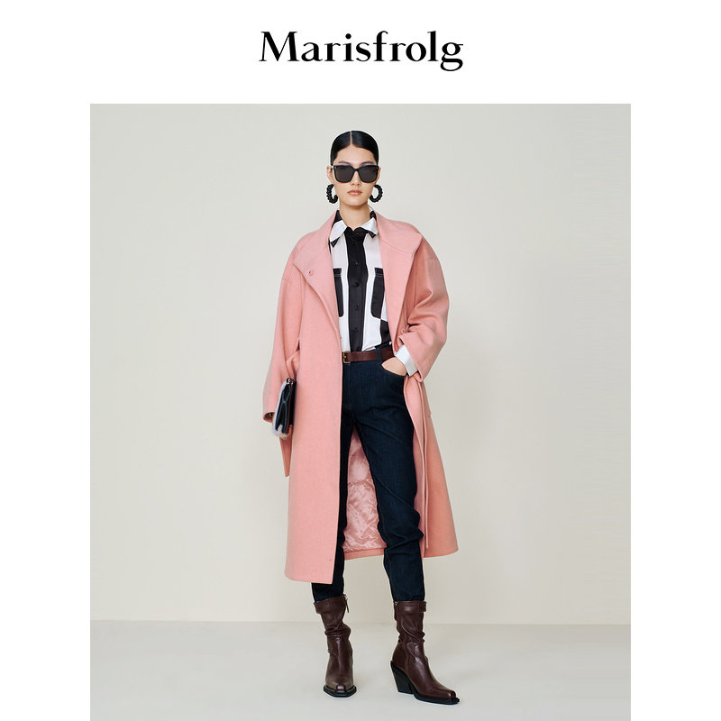 【精简美学】Marisfrolg玛丝菲尔冬季新款粉红色半高领毛呢外套女