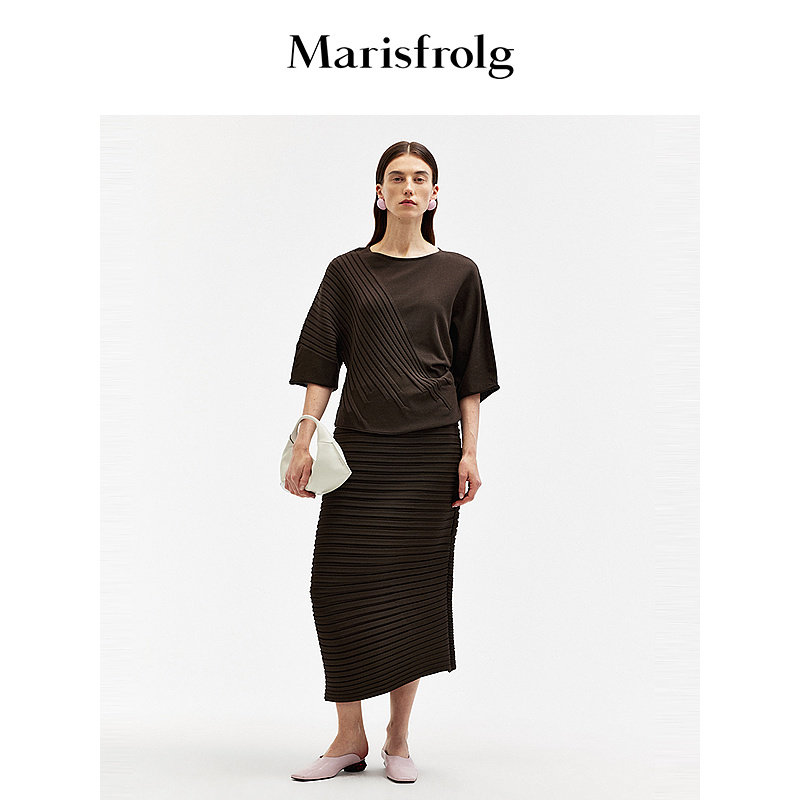 【商场同款】Marisfrolg玛丝菲尔夏季新款咖啡棕时尚坑条针织衫女