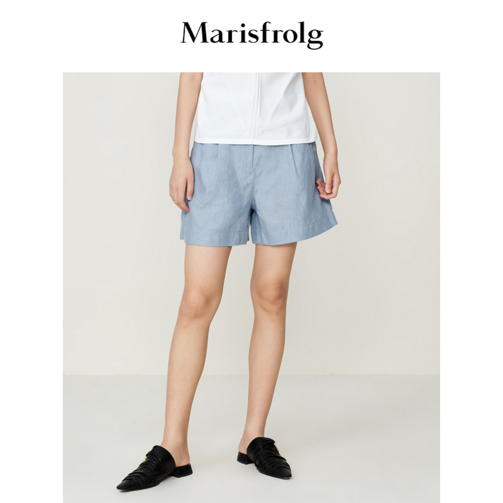 【进口色织面料】玛丝菲尔夏季新款透气普蓝色绑带休闲短裤女
