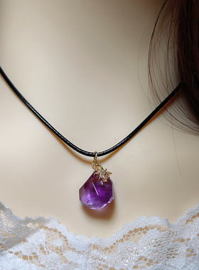 天然紫水晶随型吊坠饰品锁骨黑绳个性简单首饰2月生辰石守护石