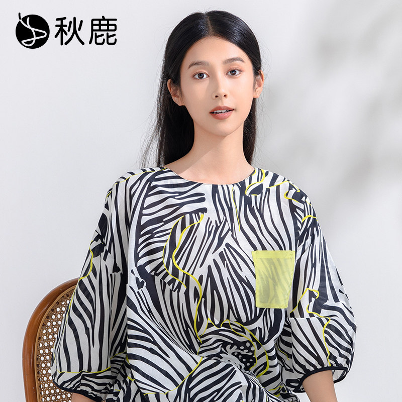 秋鹿【商场同款】睡衣女丝棉印花麻圆领七分袖八分裤家居服套