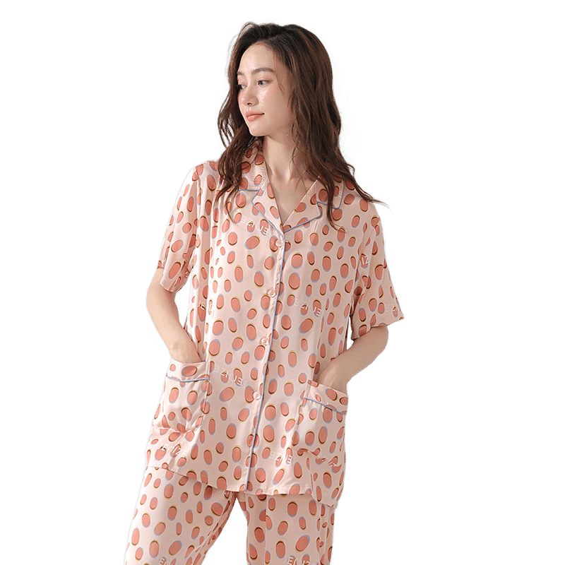 秋鹿【断码清仓】丝绸睡衣女款夏款简约圆点短袖八分裤冰丝家居服