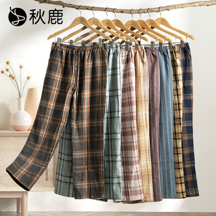 秋鹿纯棉格子睡裤女秋冬长裤可外穿家居服宽松舒适男家居裤子