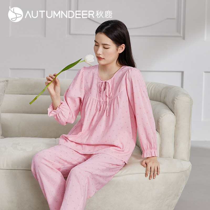 秋鹿梭织棉可外穿睡衣女款夏季提花长袖长裤家居服女夏薄款两件套