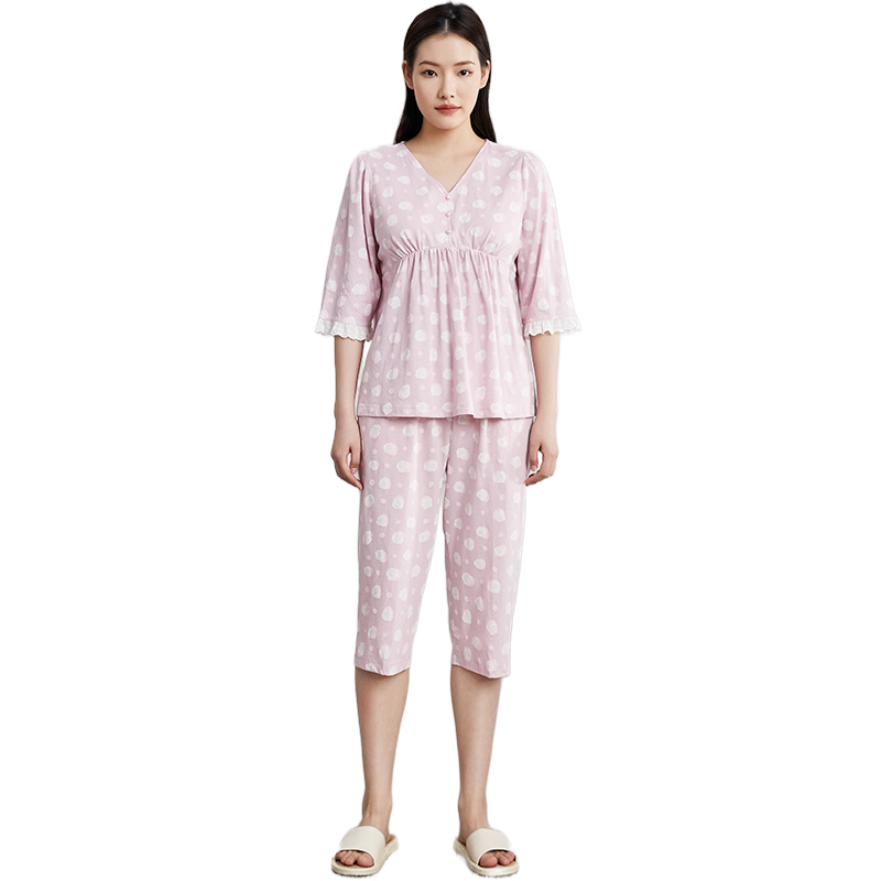 秋鹿圆点V领纯棉睡衣女