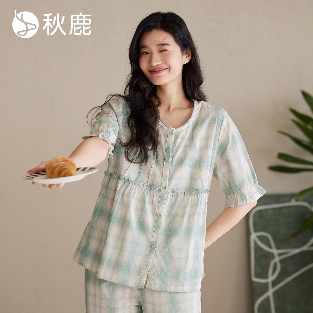 秋鹿梭织色格纯棉睡衣女春夏