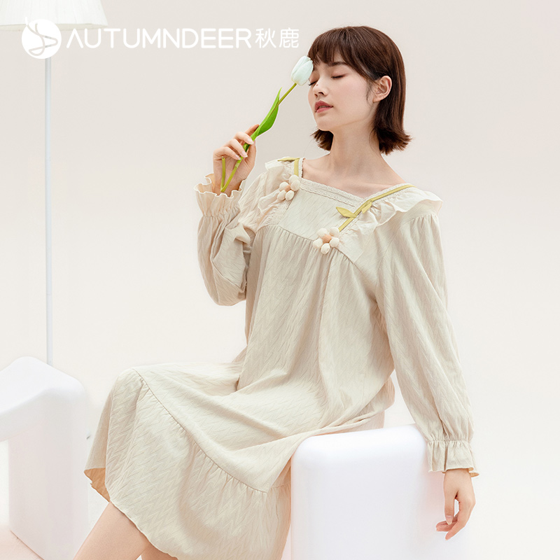 秋鹿甜美方领睡衣女款秋款纯棉春秋季长袖睡裙中长款提花连衣裙女