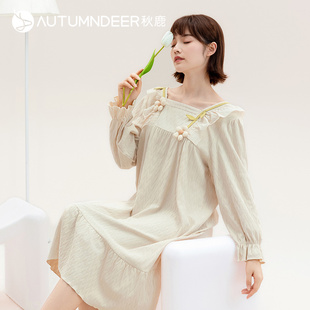 秋鹿甜美方领睡衣女款秋款纯棉春秋季长袖睡裙中长款提花连衣裙女