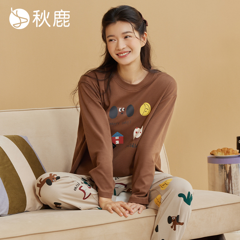 秋鹿纯棉棉氨底磨毛睡衣女