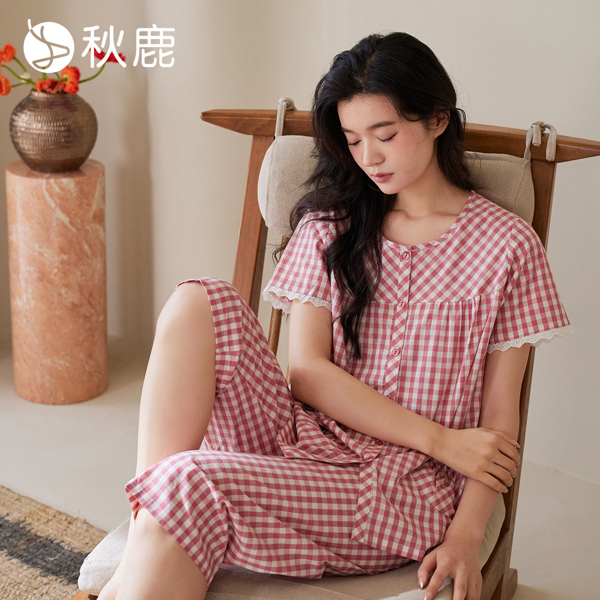 秋鹿【直播专享】梭织纯棉睡衣女夏季薄款柔软透气蕾丝家居服套装