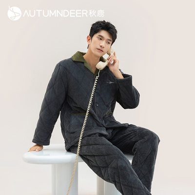 秋鹿男梭织纯棉格子睡衣三层夹棉